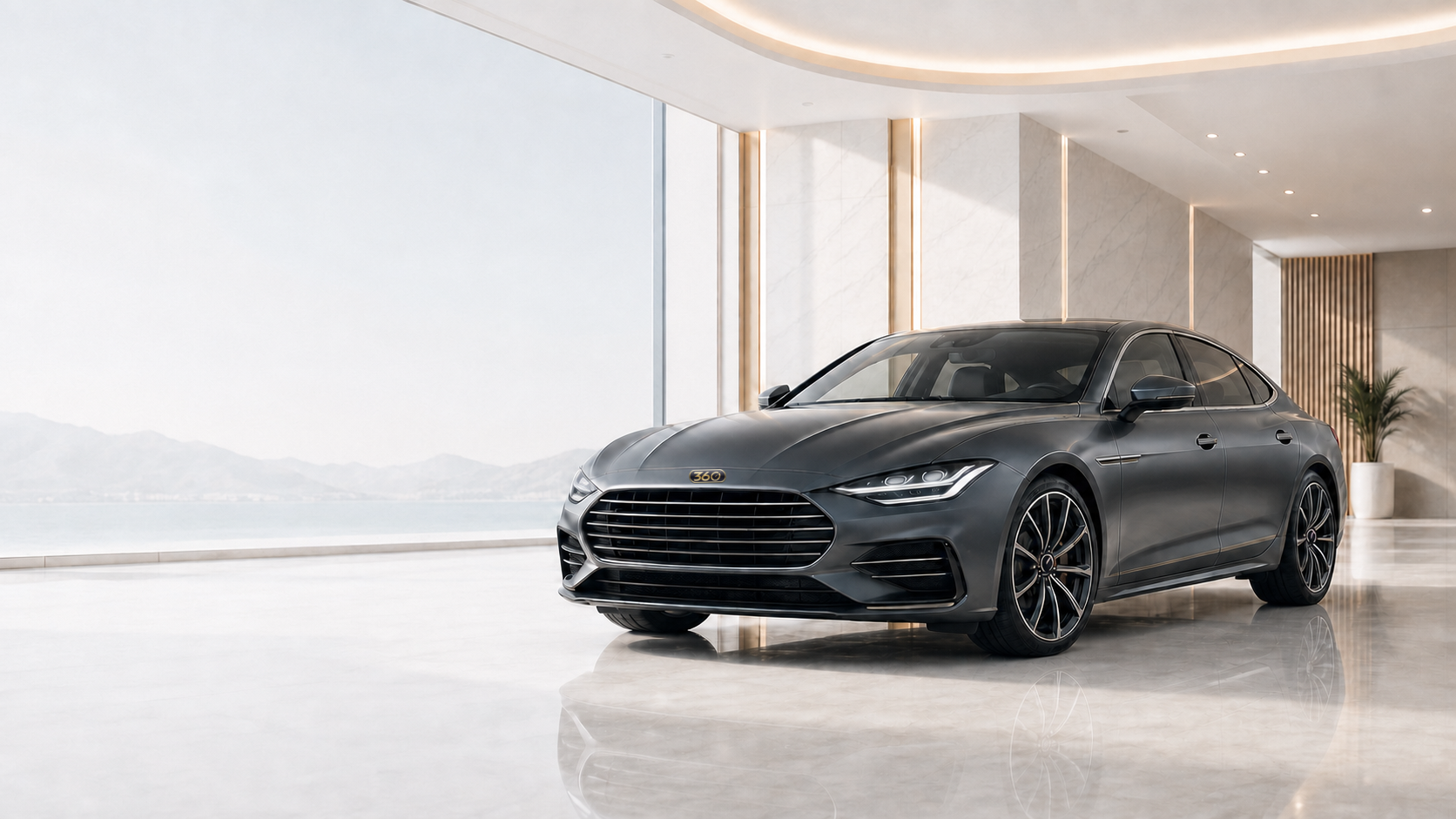 Premium 360 AutoFin branded graphite car in a bright showroom