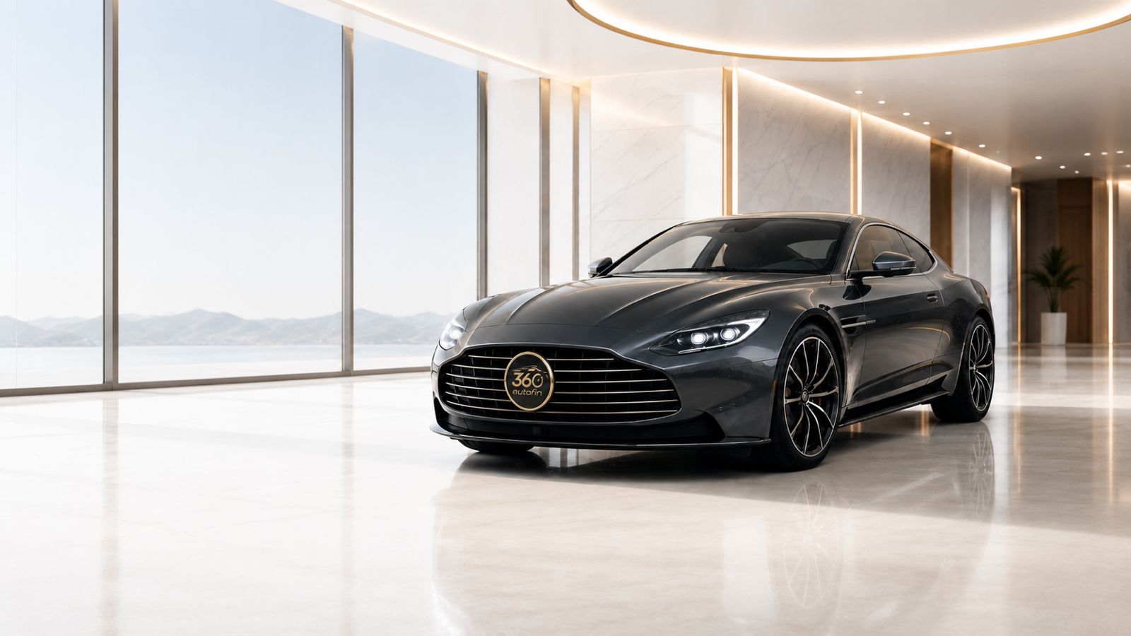 Graphite 360 AutoFin branded coupe in a bright marble showroom overlooking the water