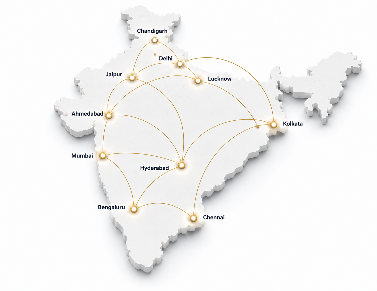Map of India marking the cities 360 AutoFin works across, including Delhi, Jaipur, Chandigarh, Lucknow, Ahmedabad, Kolkata, Mumbai, Hyderabad, Bengaluru and Chennai, linked by connecting routes