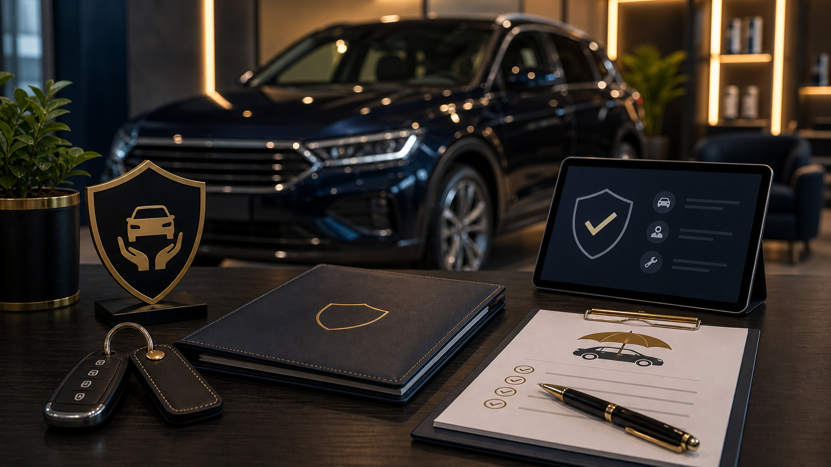 Car insurance policy desk with shield symbol, keys and claim checklist