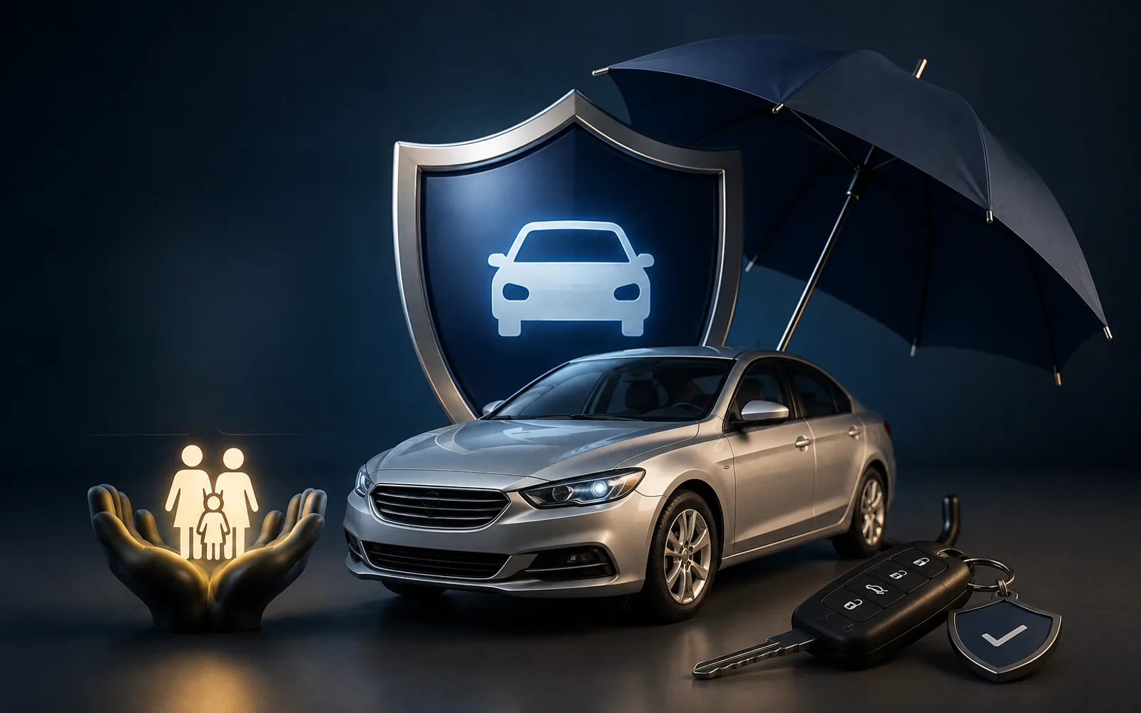 Protection shield and umbrella over a car with a family icon and car key fob, representing car insurance cover