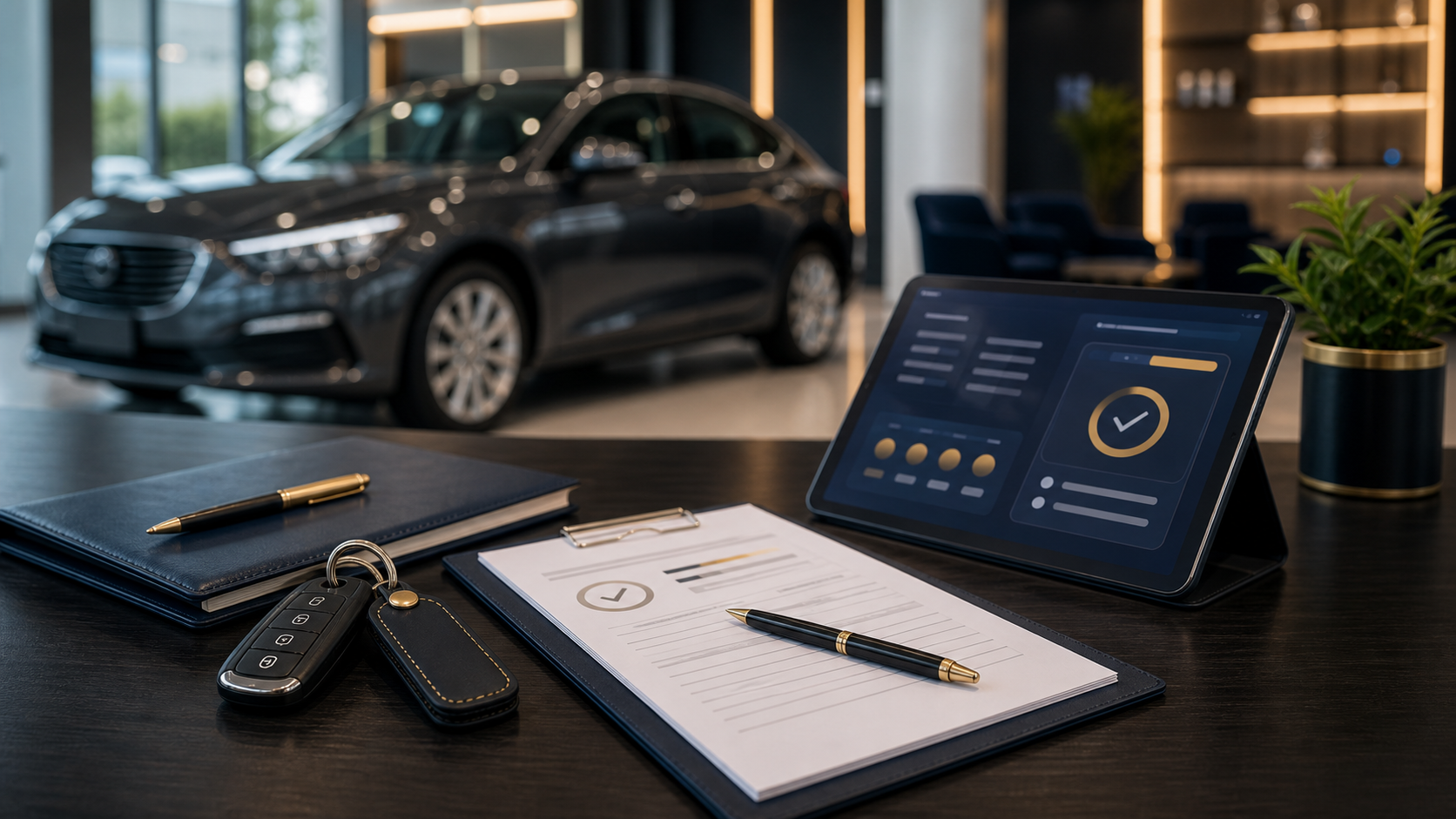 Car loan planning desk with keys, approval details and finance documents