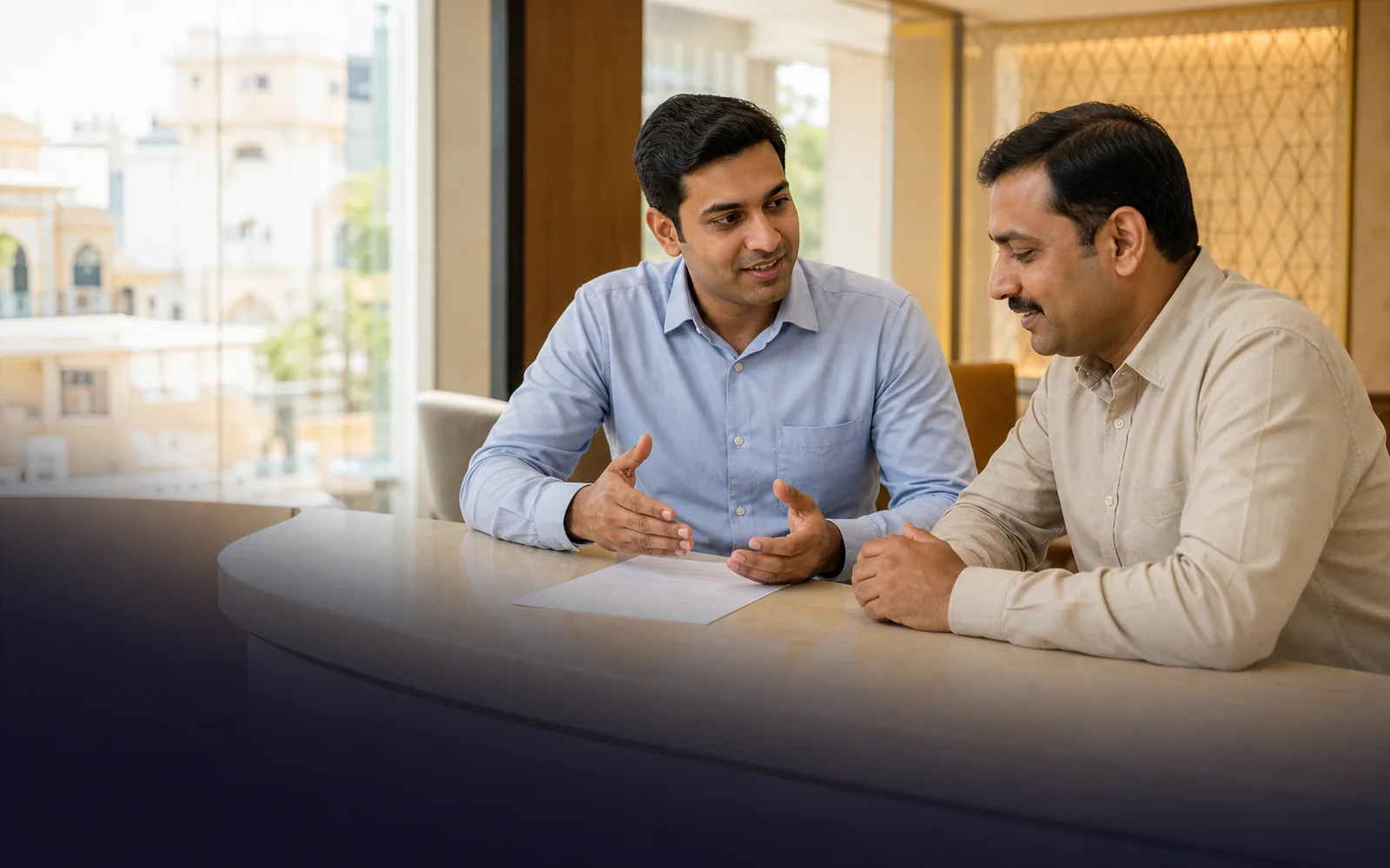 Car loans advisor explaining a printed sheet to a customer at a bright Jaipur counter