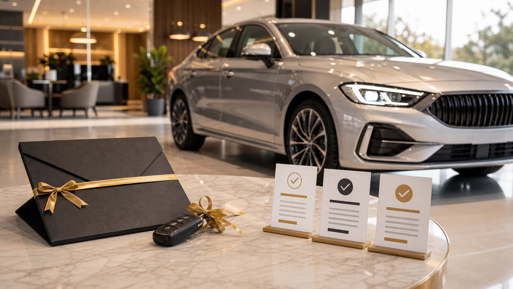 New car showroom delivery desk with price comparison and finance papers