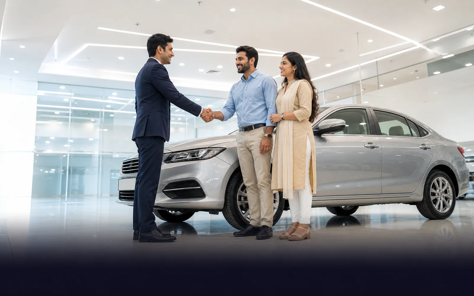 Salesperson shaking hands with a couple beside a new silver sedan in a Jaipur showroom