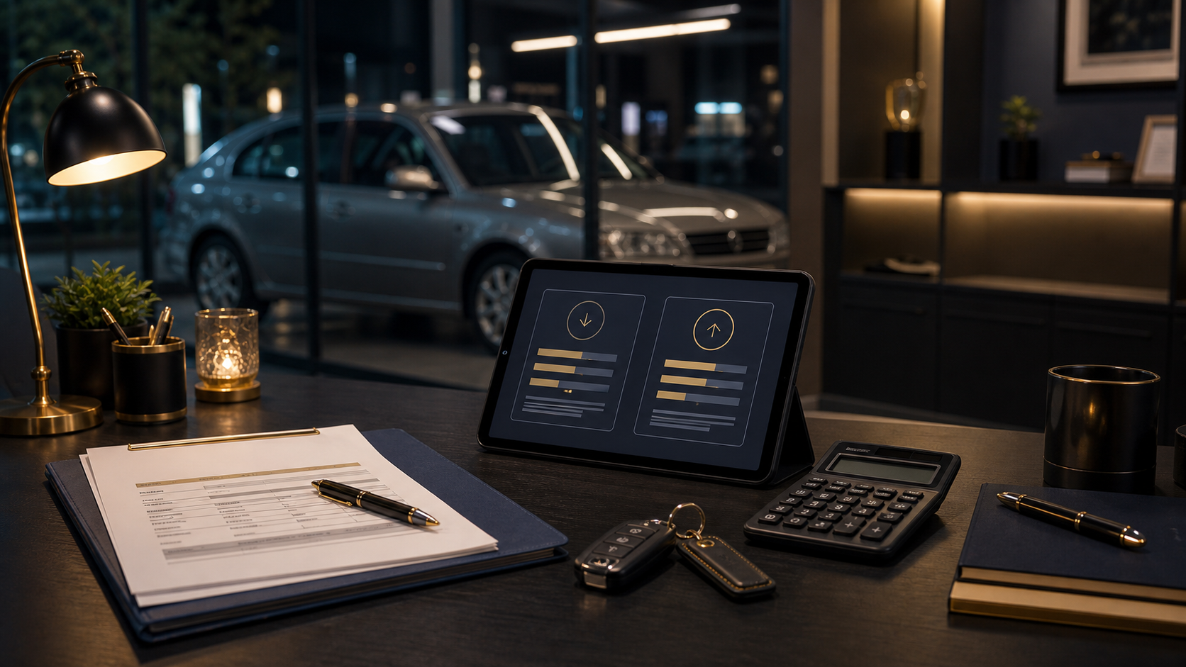 Car refinance paperwork with EMI comparison and older car in the background