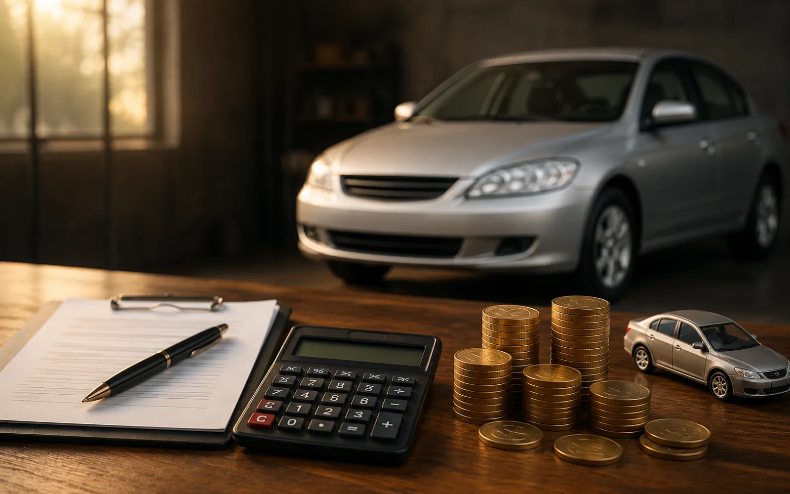 Calculator, loan paperwork and coins beside a car, representing car loan refinance calculations