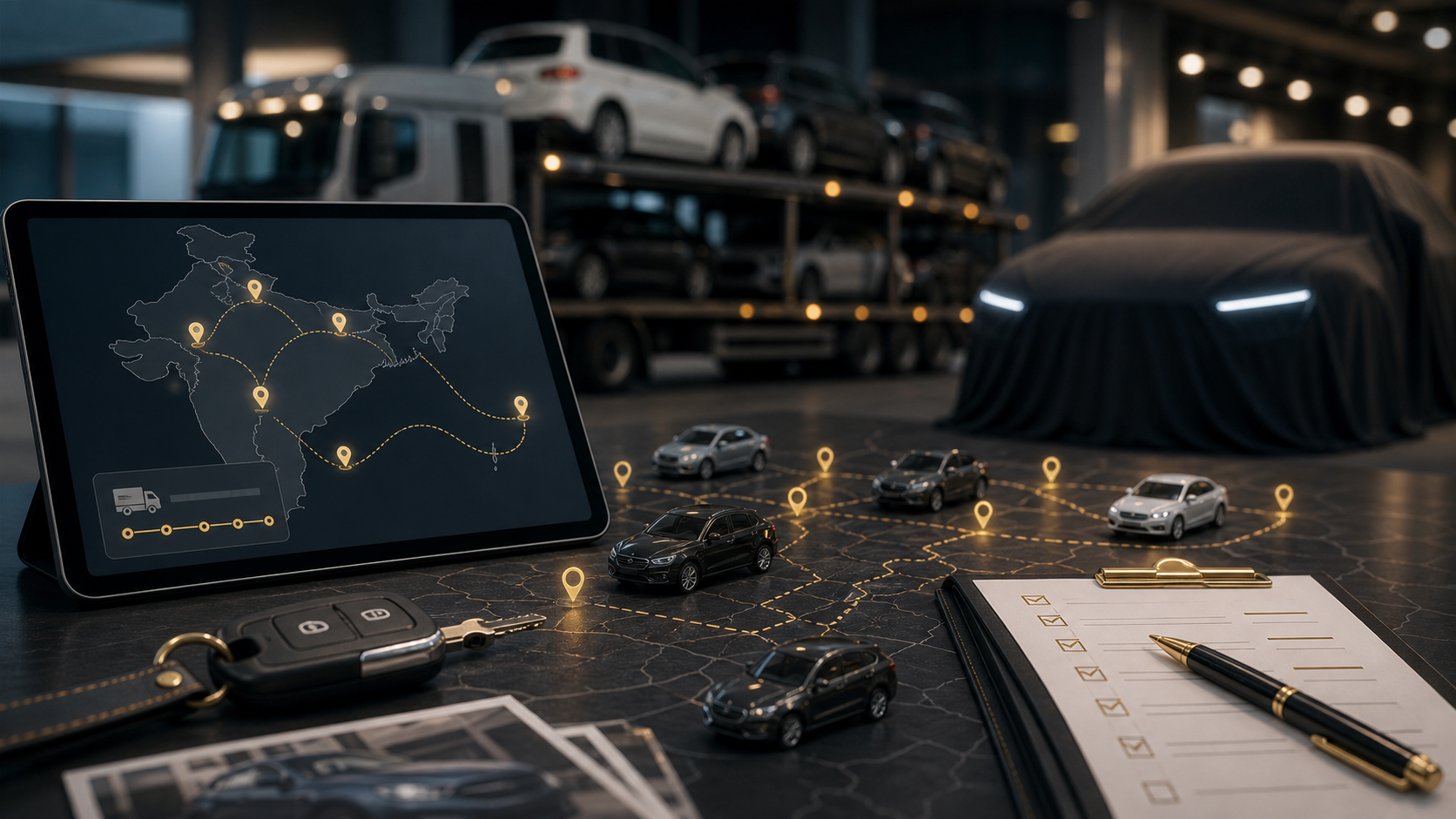 India-wide car sourcing desk with location pins, route planning and model cars