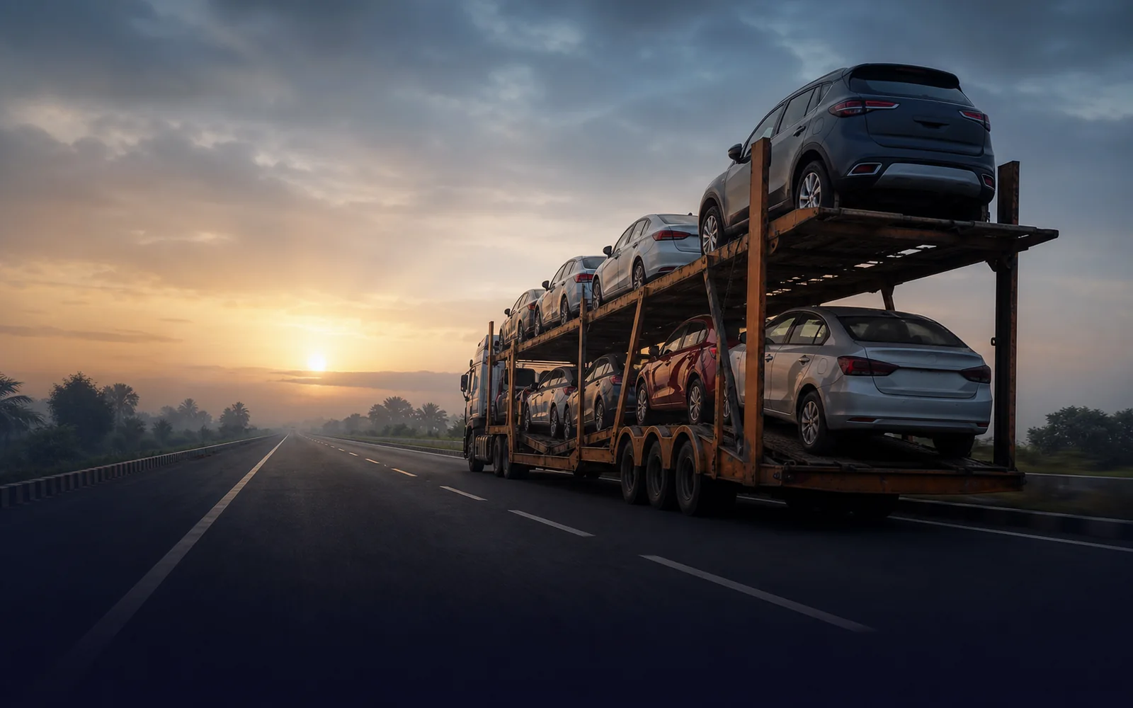 Car carrier transporting vehicles on an Indian highway at dawn for pan-India car arrangements