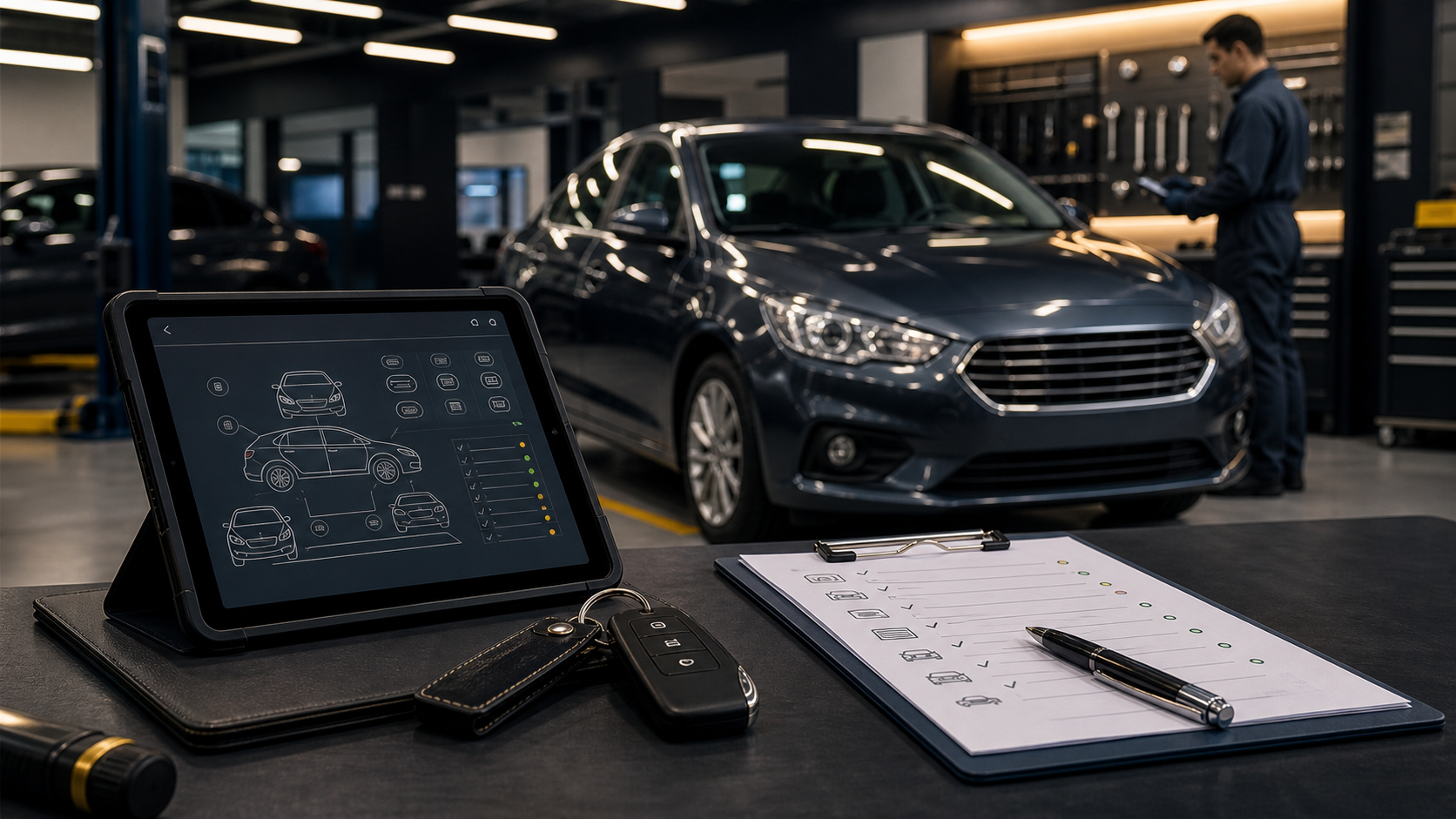 Used car inspection bay with valuation checklist and finance review