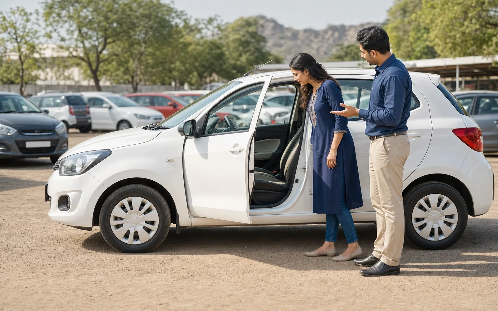 Customer viewing a pre-owned hatchback with an advisor at a Jaipur car yard